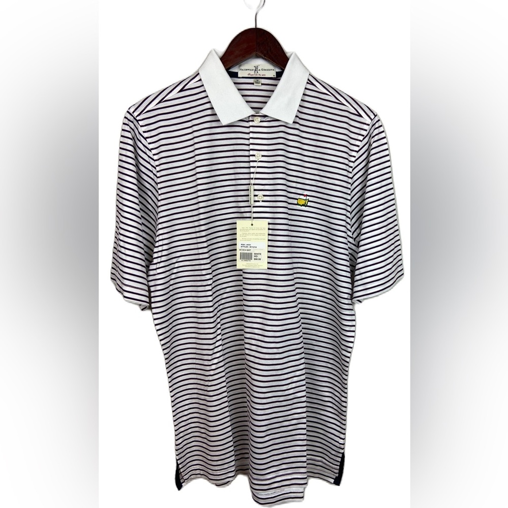 Masters Men’s Medium White Short Sleeve Polo with Navy Stripes